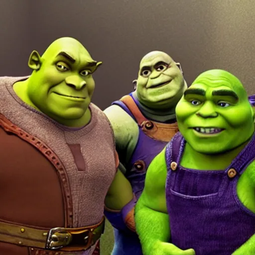 Prompt: Shrek, Thanos, and Gru intensely making out, realistic, hyperrealistic, highly detailed, very detailed, 8k resolution, real life, HD quality, dramatic, studio quality lighting