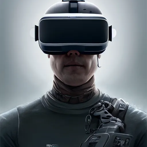 Image similar to Portrait of a man by Greg Rutkowski, symmetrical face, a marine with a helmet, using a VR Headset, Kubric Stare, crooked smile, he's wearing a tacitcal gear, highly detailed portrait, scifi, digital painting, artstation, book cover, cyberpunk, concept art, smooth, sharp foccus ilustration, Artstation HQ