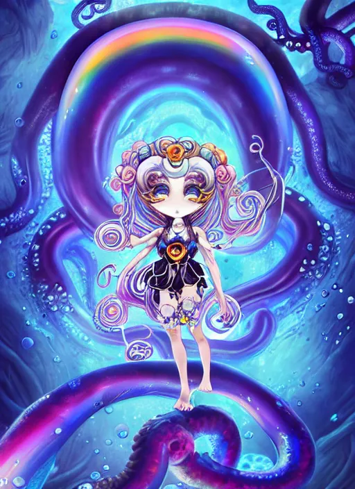 Prompt: A full shot of a chibi girl from the Abyss covered in opal. Symmetrical. Underwater. Dark foreboding Atmosphere. Sailor Moon. Tentacles. Kawaii. Rainbows. By Lisa Frank and HR Giger and Ross Tran. Key Art. Fantasy Illustration. award winning, Artstation, intricate details, realistic, Hyperdetailed, 8k resolution. Photoreal. Octane Render.