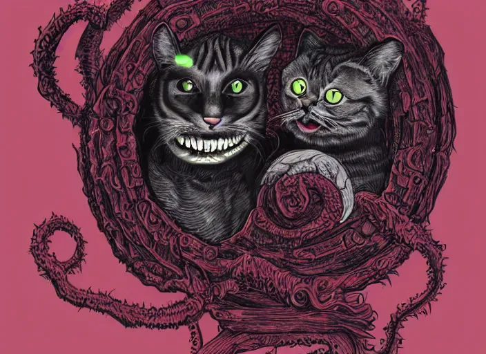 Prompt: cat with an evil smile as it reads the Necronomicon, digital art, high contrast, lovecraftian, 4k