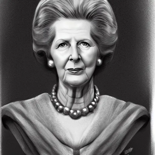 Image similar to beautiful lifelike award winning pencil illustration of margaret thatcher lay on a guillotine trending on art station artgerm greg rutkowski museum quality cinematic atmospheric