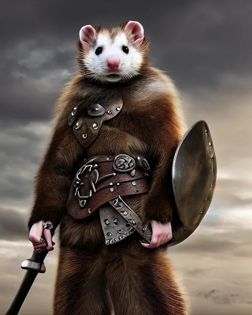 Image similar to ferret warrior, furry, fantasy, viking, high detailed, photography, cloudy, lightweight leather armour, scandinavia, plain, detailed face, look into the distance, serious face, full body, in full growth, professional photographer, masterpiece, 5 0 mm, extremely detailed, 3 d render, digital, 8 k