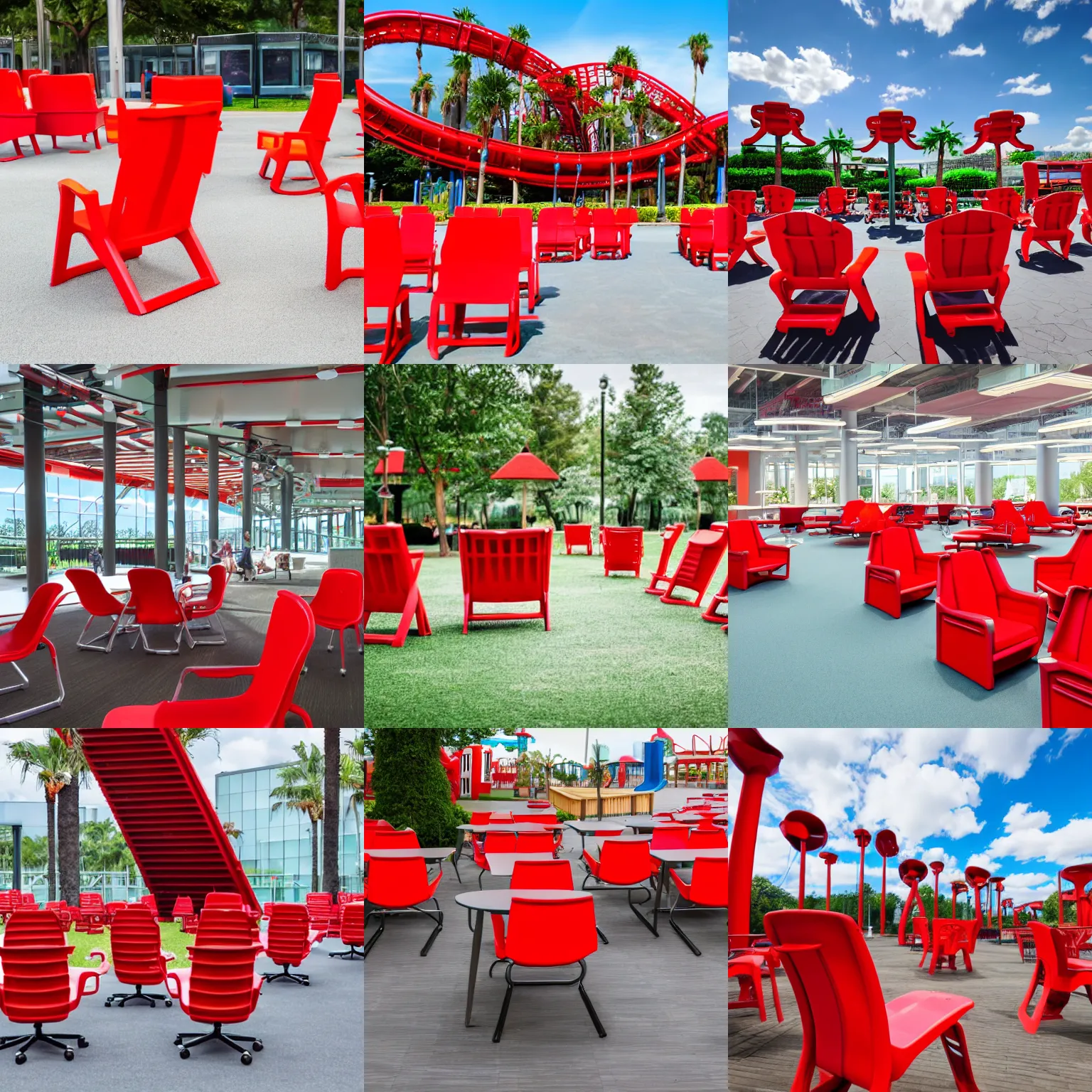 Prompt: a theme park with red chairs and happy office workers
