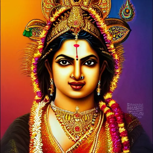 Prompt: Priyanka Chopra as the beautiful Hindu goddess Radha, realistic portrait, 8k resolution, hyper detailed, studio lighting, cinematic