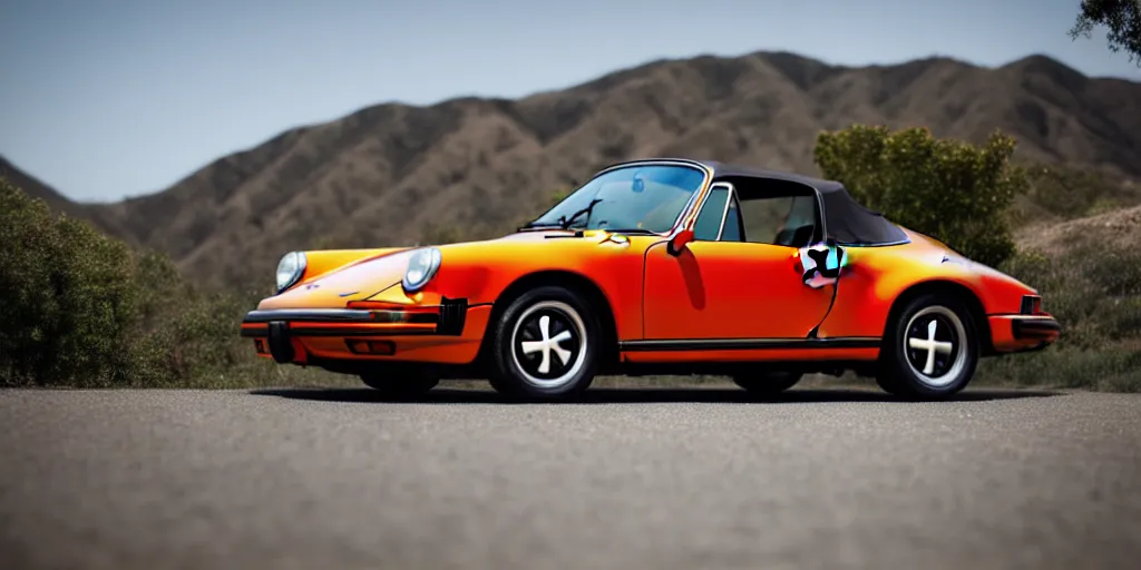 Image similar to photograph, debadged, 1974 PORSCHE 911, roadster, by Pete Biro, press release, cinematic, malibu canyon, 8k, depth of field, bokeh. debadged ,