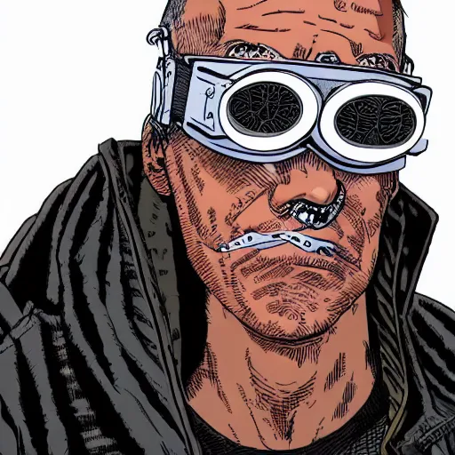 Image similar to close up portrait of a cyberpunk goth guy wearing goggles and eccentric jewelry, by geof darrow, geof darrow art,