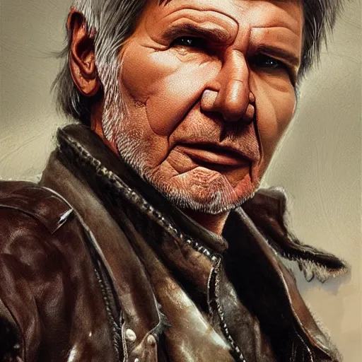 Prompt: a highly detailed epic cinematic concept art CG render digital painting artwork costume design: Harrison Ford, old scars, tired and drunk, in an old 1950s leather jacket. By Greg Rutkowski, Ilya Kuvshinov, WLOP, Stanley Artgerm Lau, Ruan Jia and Fenghua Zhong, trending on ArtStation, made in Maya, Blender and Photoshop, octane render, excellent composition, cinematic atmosphere, dynamic dramatic cinematic lighting, aesthetic, very inspirational, arthouse