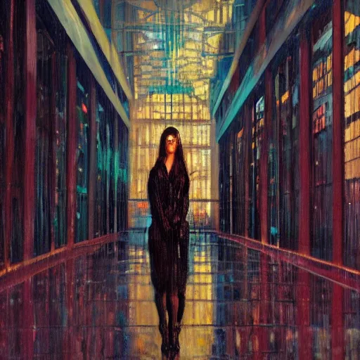 Prompt: beautiful woman, courtyard, capital, cybermosque interior, control panel, watcher, omniscient, tech noir, wet reflections, impressionism, matte painting, speed painting, chiaroscuro, oil on canvas