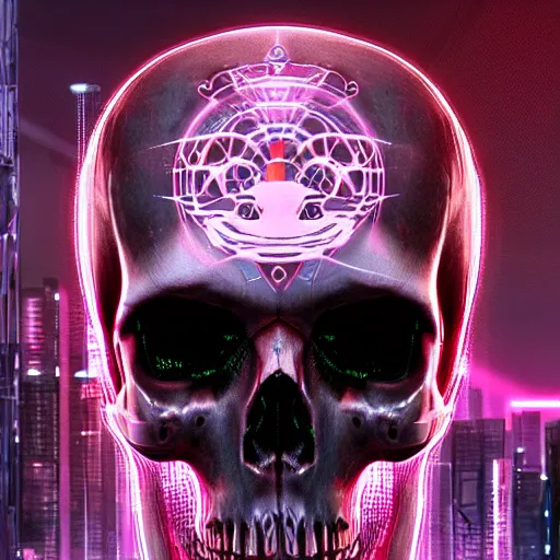 Image similar to cyberpunk skull merged with thousand cherries on the head moebius futuristic hi-tech details loading screen dark colors