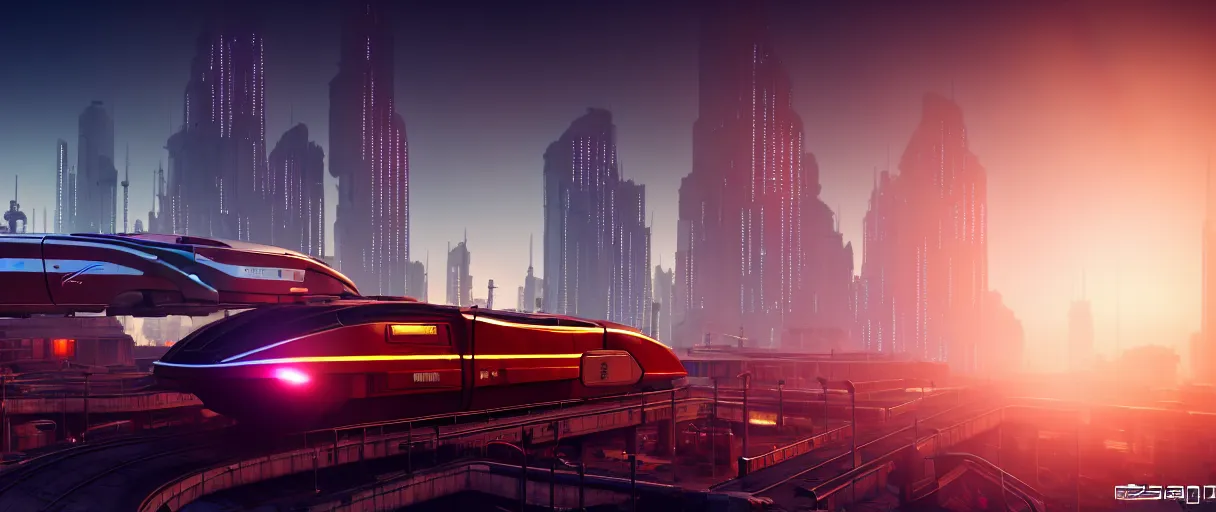 Prompt: futuristic city center with maglev train on bridge in background, modern landscape architectural design for industrialpunk concrete and glass, maroon metallic accents, gorgeous lighting, golden hour, cyberpunk, 2077, dramatic lighting and composition, photography, 8k, origin 100i, star citizen