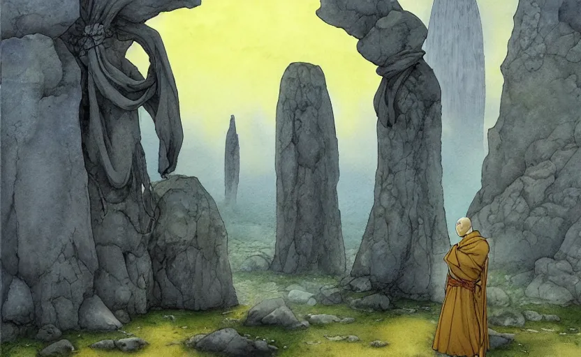 Image similar to a hyperrealist anime watercolor fantasy concept art of a giant monk with a grey robe and a small grey alien with a yellow robe in stonehenge on a misty night. several immense stones are floating in the air. by rebecca guay, michael kaluta, charles vess