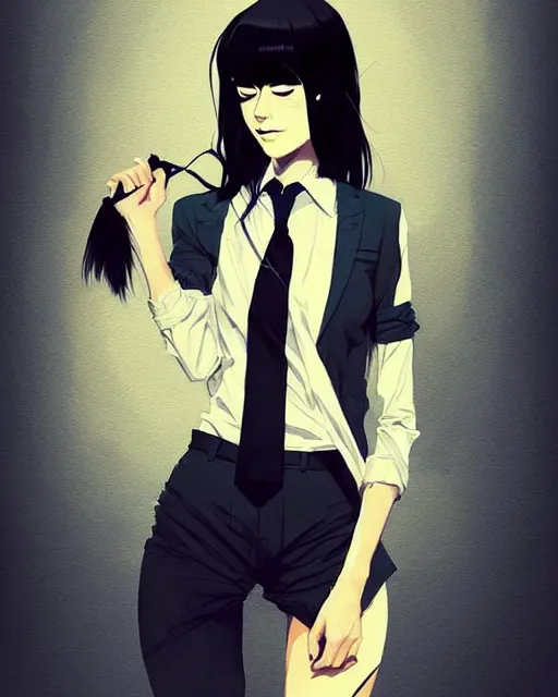 Image similar to a ultradetailed beautiful panting of a stylish woman wearing a shirt with a tie, she has black hair, by conrad roset, greg rutkowski and makoto shinkai, trending on artstation