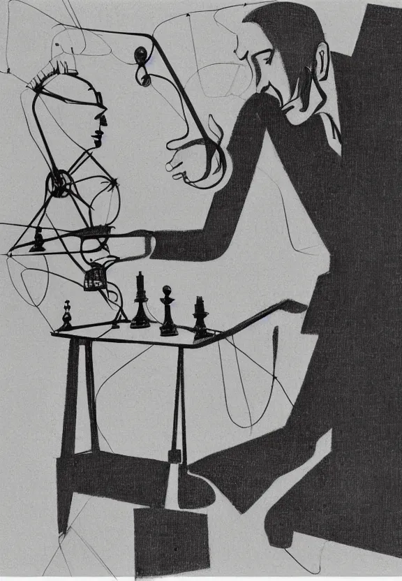 Image similar to a concept drawing of marcel duchamp holding up a chess - piece wire - machine, a surrealist painting by marcel duchamp, complex artificial - intelligence machinery, minimal sketch flow - chart, academic art, 1 9 2 0 s