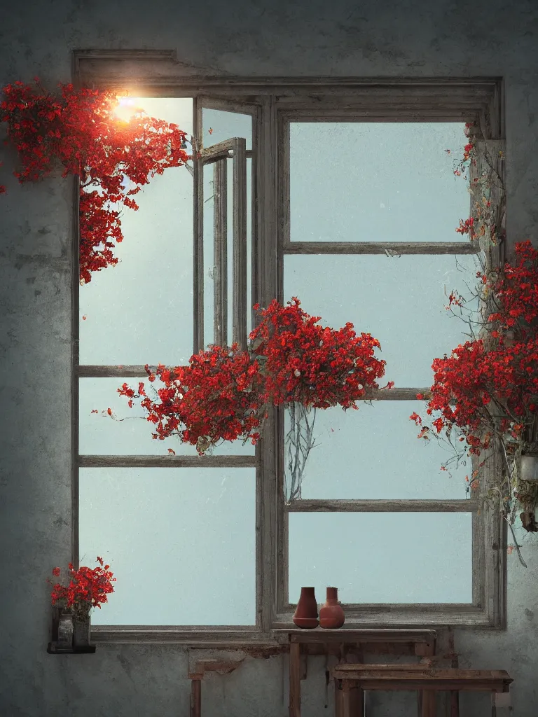 Image similar to a single old house window with a vase of red flowers with view to a sunrise, blue wall, a wooden chair near the window, concept art, octane render, unreal engine 5, trending on deviantart, highly detailed, high quality, hd, digital painting, masterpiece, geometric, symmetrical, low contrast, beautiful, high coherence, natural lighting, intense lighting