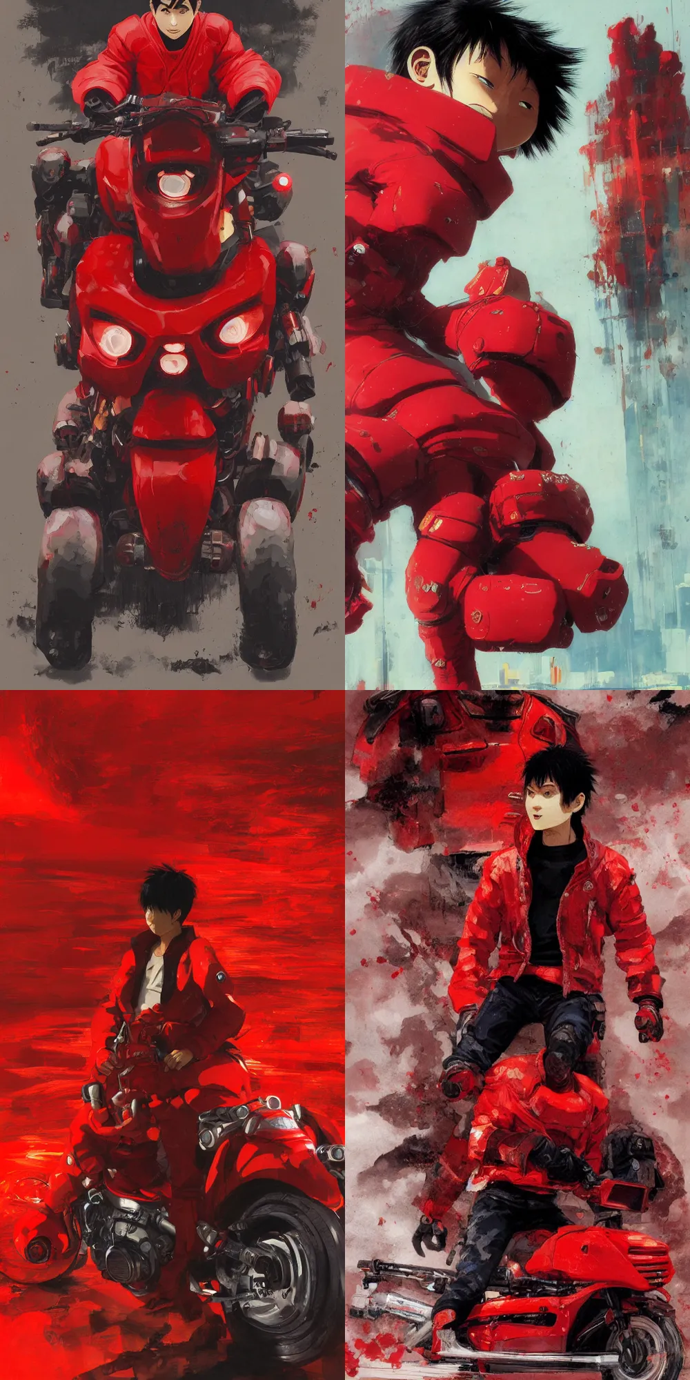 Prompt: illustration of kaneda from akira on his red motorcyle by ruan jia, incredible colors, lighting, hd, oil paint