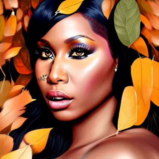 Image similar to nicki minaj clothed in leaves digital painting, photorealistic, in the style of greg rutkowski, full body, detailed face