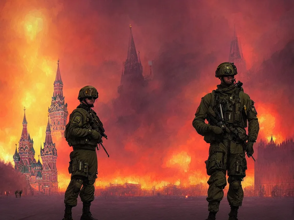 Image similar to special forces nato soldier with yellow shoulder patch watches red square kremlin burning in the background, d & d, fantasy, bright atmosphere, volumetric lights, intricate, elegant, extremely detailed, digital painting, artstation, concept art, matte, smooth, sharp focus, hyper realistic, illustration, art by artgerm and greg rutkowski and alphonse mucha