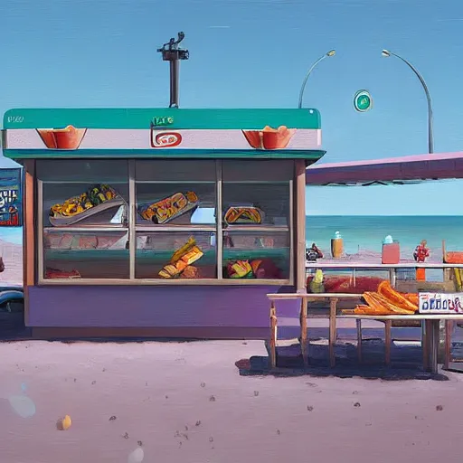 Image similar to fast food counter by the beach by simon stalenhag