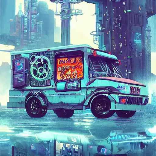Image similar to a cyberpunk ice cream truck, highly detailed epic, CG render digital painting artwork by Greg Rutkowski, John Berkey, Alexander Jansson, Kuvshinov, WLOP, Artgerm, trending on ArtStation, intricate artwork by Tooth Wu, Wlop and Beeple. octane render, trending on artstation, greg rutkowski very coherent symmetrical artwork, bokeh, cinematic, hyper realism, high detail, octane render, vervia, 8k