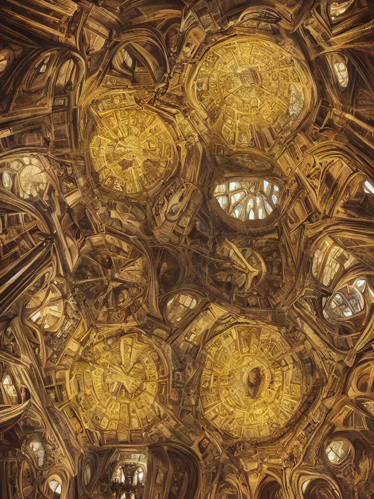 Prompt: hyperrealistic symmetrical still life painting of the inside of a powerful joyful geometric cathedral, first person perspective looking up, by Caravaggio, botanical print, surrealism, vivid colors, serene, golden ratio