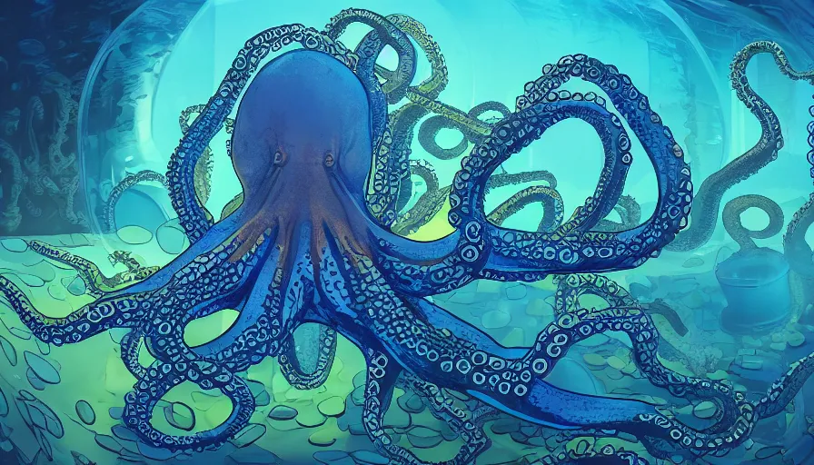 Prompt: octopus immersed in laboratory glass tanks, blue color scheme, digital illustration, dramatic lighting, cinematic composition, concept art, detailed textures