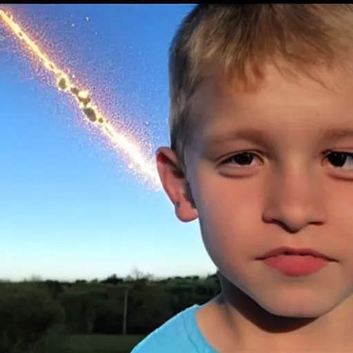 Image similar to a boy look to sky saw a huge meteor approach to earth