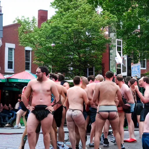 Image similar to guys doing the harvard rub in harvard square,