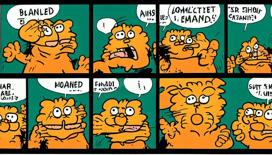 Image similar to 3 panel garfield comic by jim davis depicting charles manson slipping on a banana peel