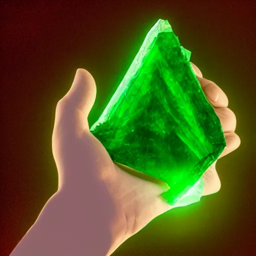 Prompt: a glowing shard of kryptonite held in an open black - gloved hand, pitch black background