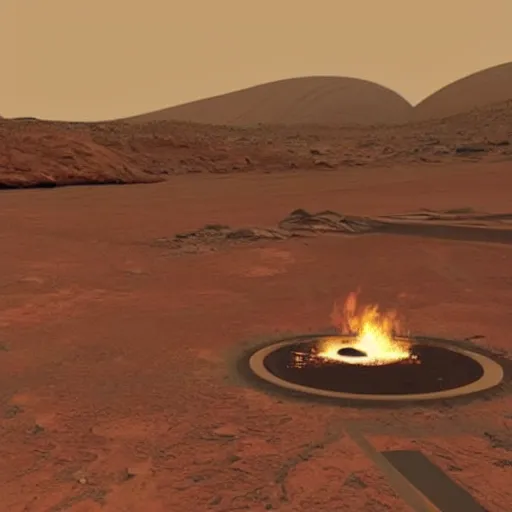 Prompt: campfire in a valley on mars inside of mars bubble habitat