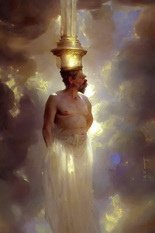 Image similar to beautiful impressionistic oil painting portrait of ancient roman god emperor steve buscemi ascending wearing the civic crown levitating in religious pose, art by anders zorn, wonderful masterpiece by greg rutkowski, expressive brush strokes, beautiful cinematic light, american romanticism by greg manchess, jessica rossier