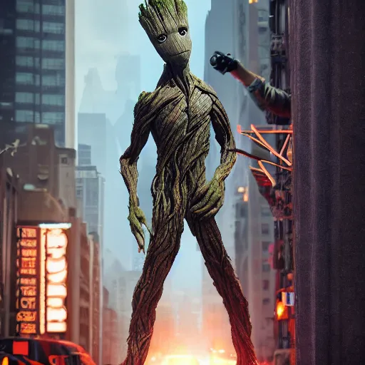 Image similar to the groot as james bond, cinema poster, detailed, photo near a cinema, new york city, hyper realistic, 4 k octan render, unreal 5