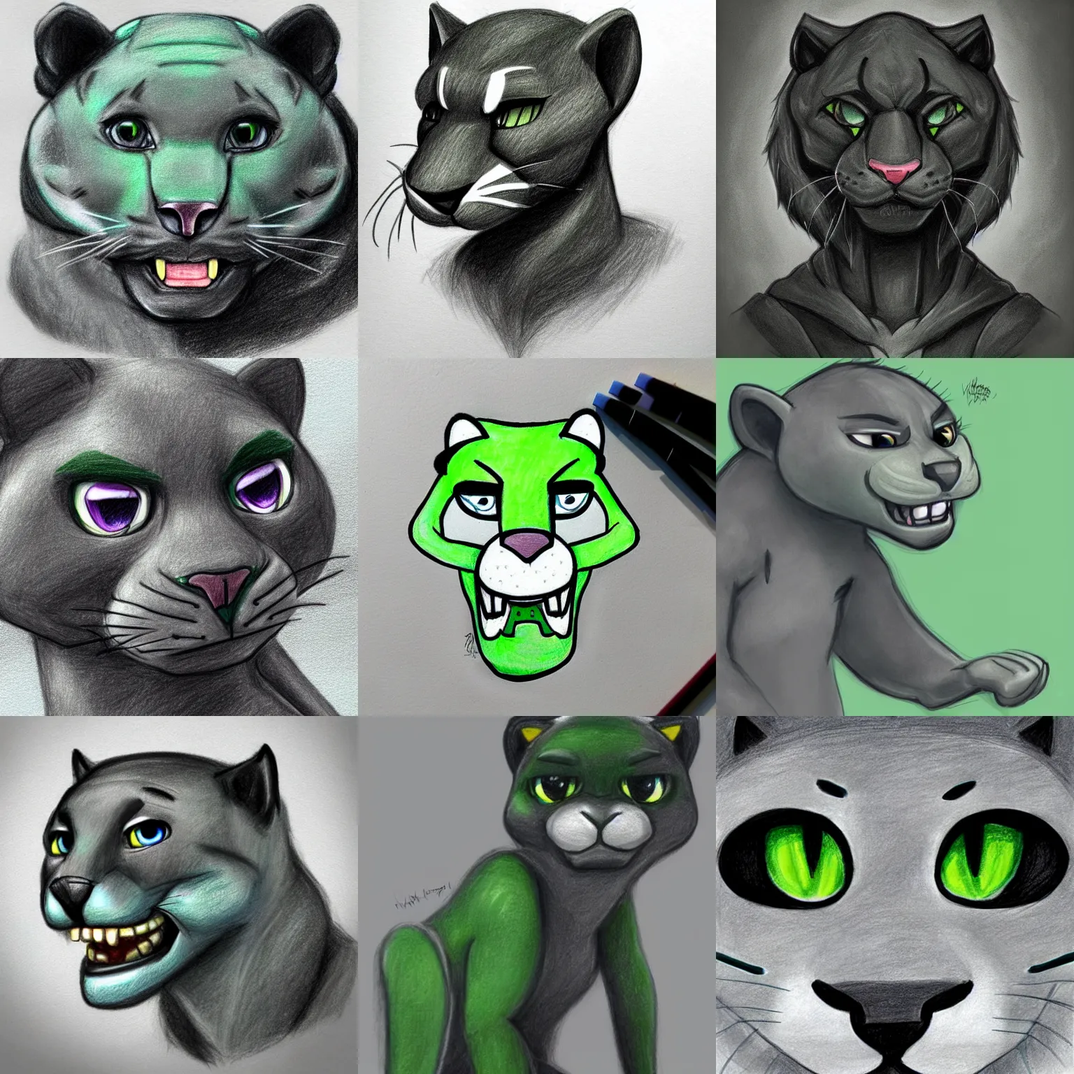 Prompt: a cute drawing of a grey anthropomorph panther with green and black hair, artstation, hyperrealistic, artistic scene, fantasy