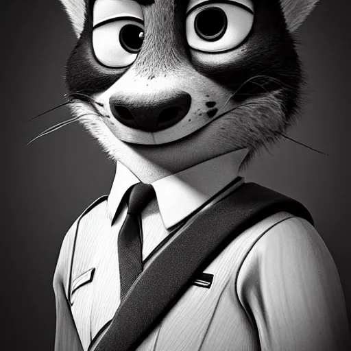 Prompt: Gritty black and white mugshot of Nick from Zootopia