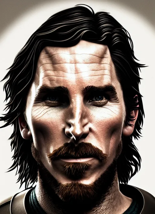 Image similar to portrait of Christian Bale in the style of Julen Urrutia's stylized characters + dim volumetric lighting, 8k octane beautifully detailed render, post-processing, extremely hyperdetailed, intricate, epic composition, grim yet sparkling atmosphere, cinematic lighting + masterpiece, trending on artstation