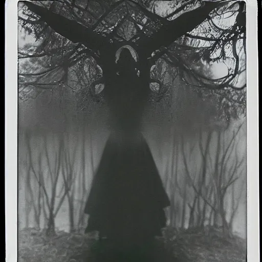 Image similar to an ancient evil-girl on a mysterious fractal forest devouring the human souls, mist, 1910 polaroid photography, grainy film, Black and white