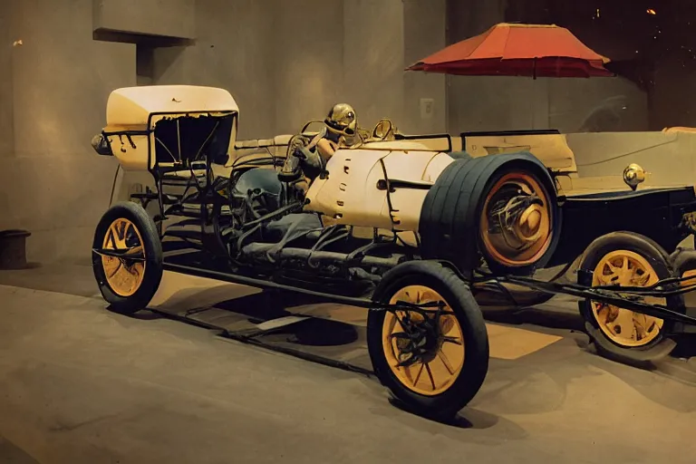 Image similar to cyberpunk 1 9 0 3 stanley steamer racecar, volumetric lighting, in a museum, museum exhibit, museum lighting, 9 0 s film photo