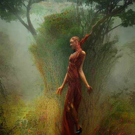 Image similar to beautiful banshee walks around Socotra among intertwining plants, flowers, trees and snags in a long transparent flowing dress and meets mystical animals, mystical insects, mystical birds, lizards, snakes, gorgeous, intricate, hypnotic dimensions, ruan jia, steve mccurry, Zdzislaw Beksinski style, sharp focus, intricate concept art, digital painting, ambient lighting, 4k, hdt, artstation trending on Gsociety, trending on ArtstationHQ, hyper quality, 16K