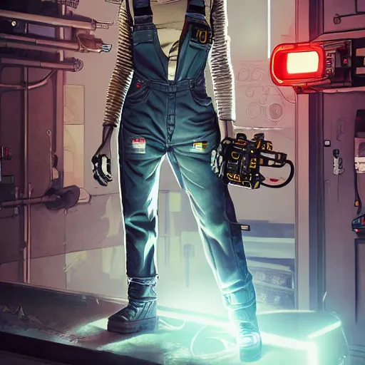 Image similar to Full body portrait of a mechanic in overalls repairing her mech, cyberpunk, illustration, detailed face, detailed background, Ilya Kuvshinov, Hayao Miyazaki, Takashi Takeuchi, Masamune Shirow