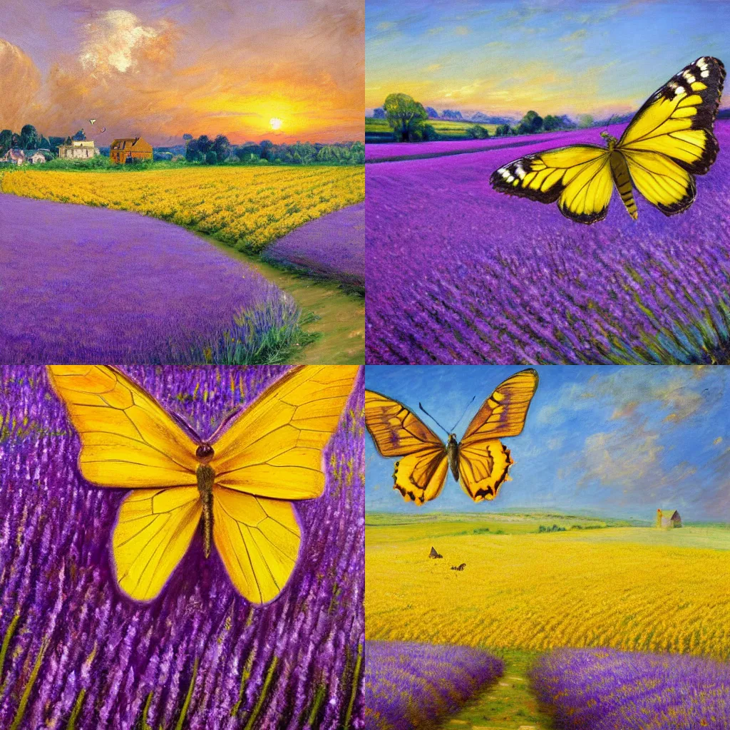 Prompt: a yellow butterfly sitting on a purple lavender flower during golden hour, golden corn field in the background, high contrast, warm colors, hyperrealistic, high detail, oil painting by john constable,