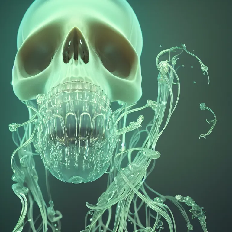 Image similar to portrait of skull and orchids, bio luminescent jellyfish, intricate artwork by Tooth Wu and wlop and beeple. octane render, trending on artstation, greg rutkowski very coherent symmetrical artwork. cinematic, hyper realism, high detail, octane render, 8k