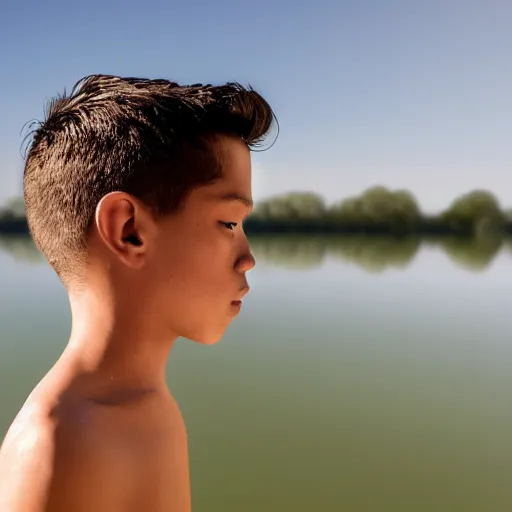 Prompt: in the style of Aurelio Rodríguez and William Whitaker, a boy stand in the lake, close up, very high environmental details, very high facial details, 4K ,