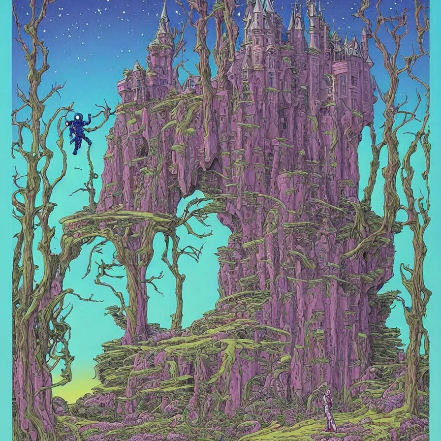 Image similar to ( ( ( ( a majestic castle at the end of a forest and an astronaut looking at it, with decorative frame design ) ) ) ) by mœbius!!!!!!!!!!!!!!!!!!!!!!!!!!!, overdetailed art, colorful, artistic record jacket design