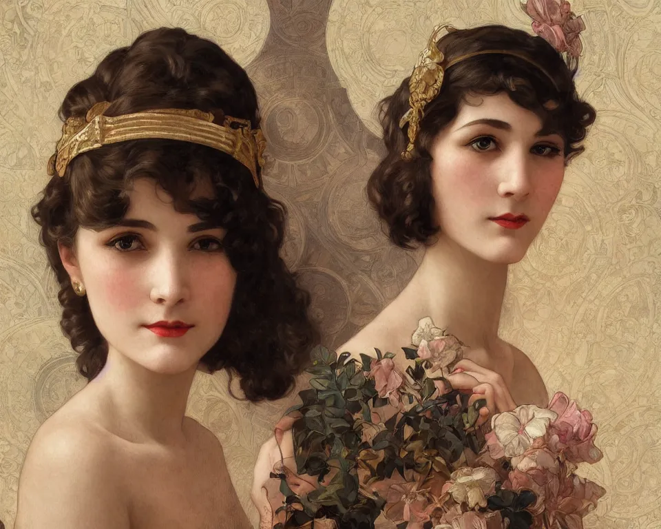 Image similar to portrait beautiful flapper girl, intricate, elegant, highly detailed, 1 9 2 0's style speakeasy, digital painting, artstation, concept art, smooth, sharp focus, illustration, art by artgerm and greg rutkowski and alphonse mucha and william - adolphe bouguereau