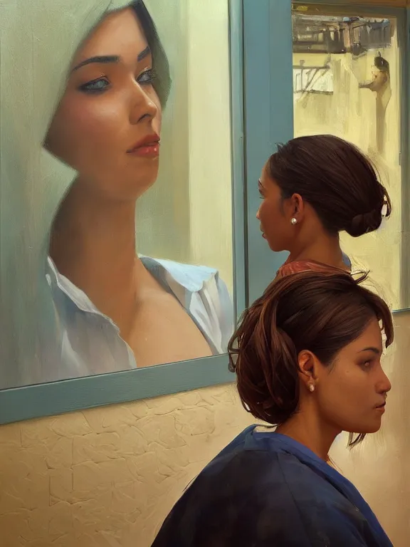 Image similar to an ultradetailed beautiful portrait painting of a cuban woman at a barber shop, side view, oil painting, high resolution, by ilya kuvshinov, greg rutkowski and makoto shinkai