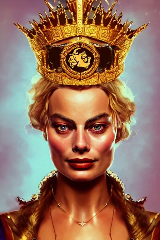 Image similar to Portrait of margot Robbie as a pirate queen with golden crown, elegant, photorealistic, highly detailed, artstation, smooth, sharp focus, gold ornaments, neon lighting, sci-fi, art by Klimt