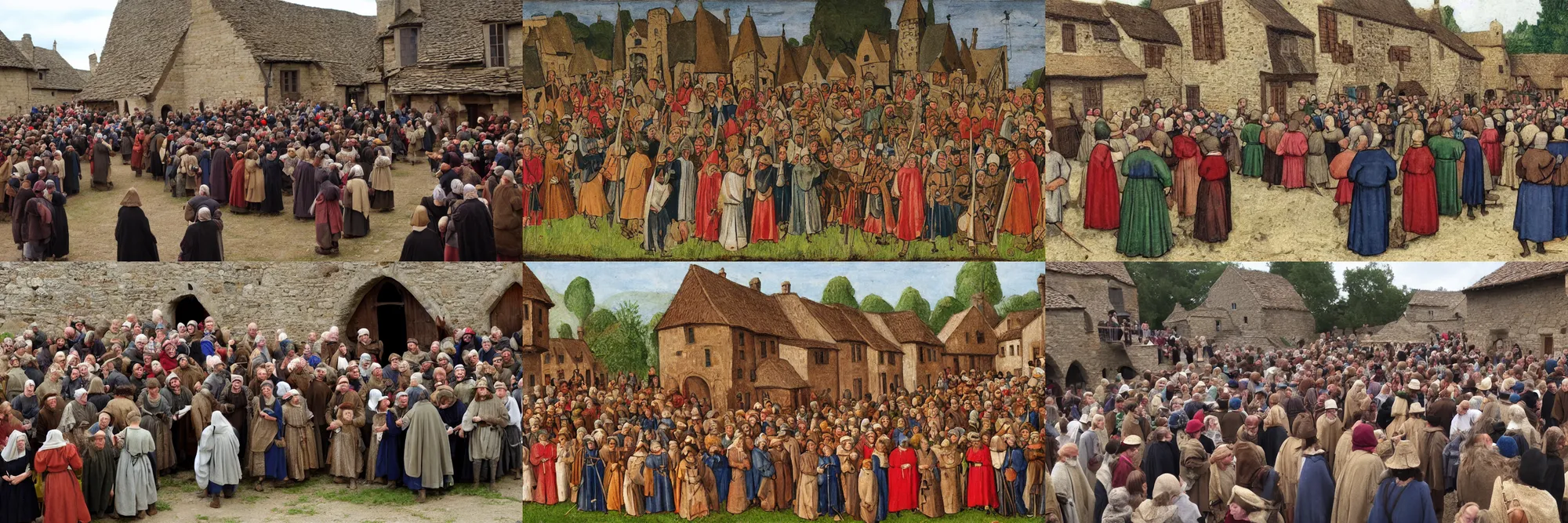 Prompt: crowd of medieval villagers happy to see you