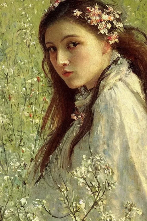 Prompt: close - up fashion azian woman portrait airy flowers clouds art by vasnetsov