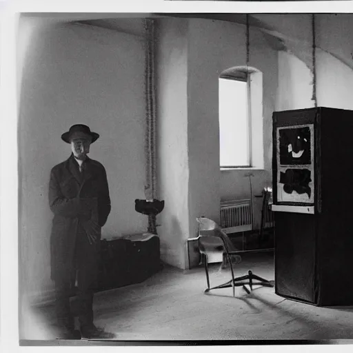 Image similar to underexposed photo of Marcel Duchamp in a room full with an ancient machine, tri-x, archival pigment print in the style of Hito Steyerl, contemporary art