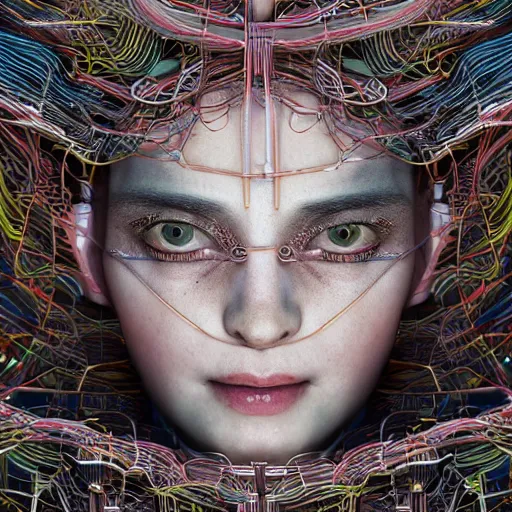 Prompt: give me a higher love, piles of modular synth cables, goddess swimming up wearing a headpiece made of circuit boards, by cameron gray, wlop, stanley kubrick, masamune, hideki anno, jamie hewlett, unique perspective, trending on artstation, 3 d render, vivid